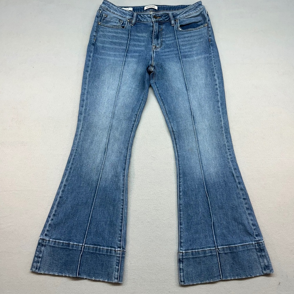 Vigoss Marley Flare Jeans Medium Wash Front Seam Raw Hem Size 31